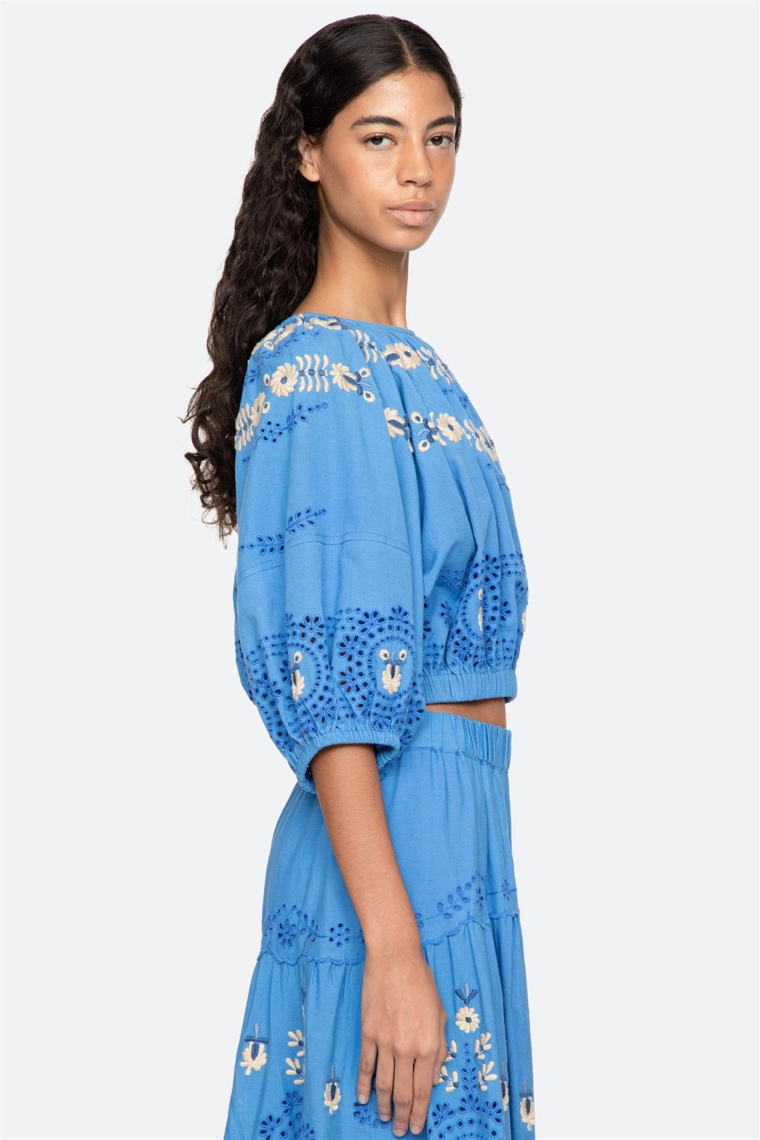 Catharina Embroidered Bubble Top Blue