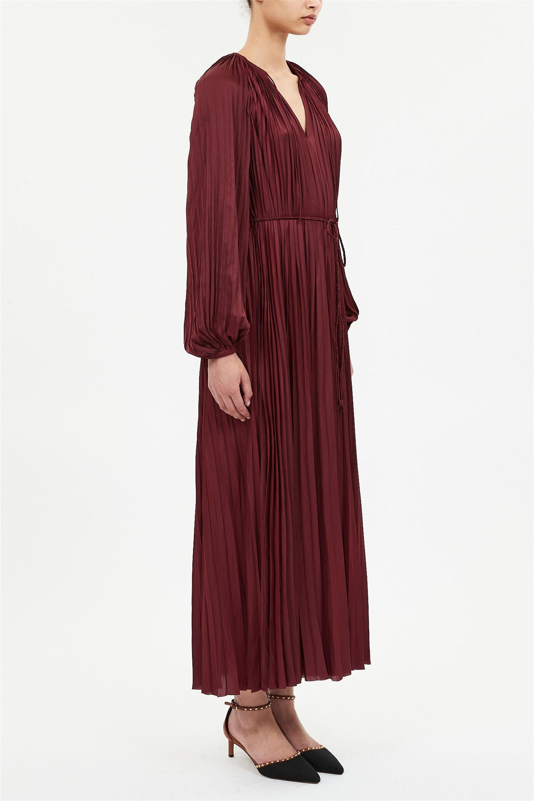 Alexia Pleated Long Sleeve Dress Claret