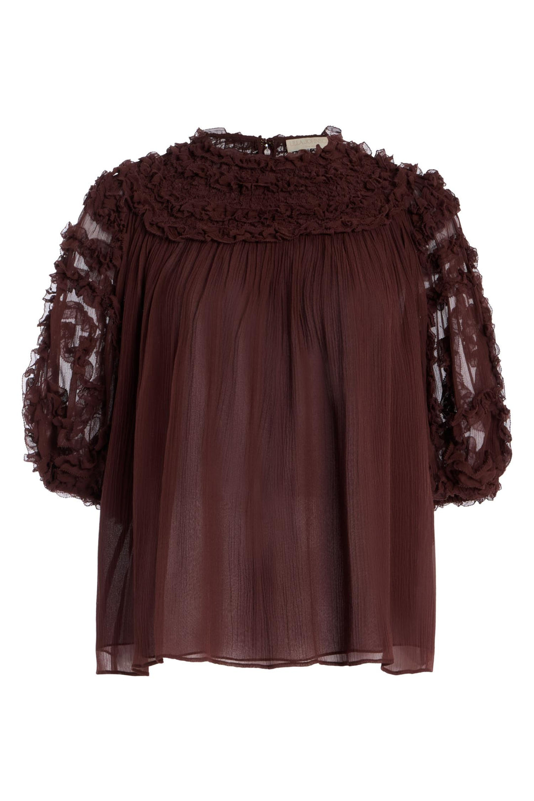 Isolda Silk Smocked Short Sleeve Blouse Mahogany