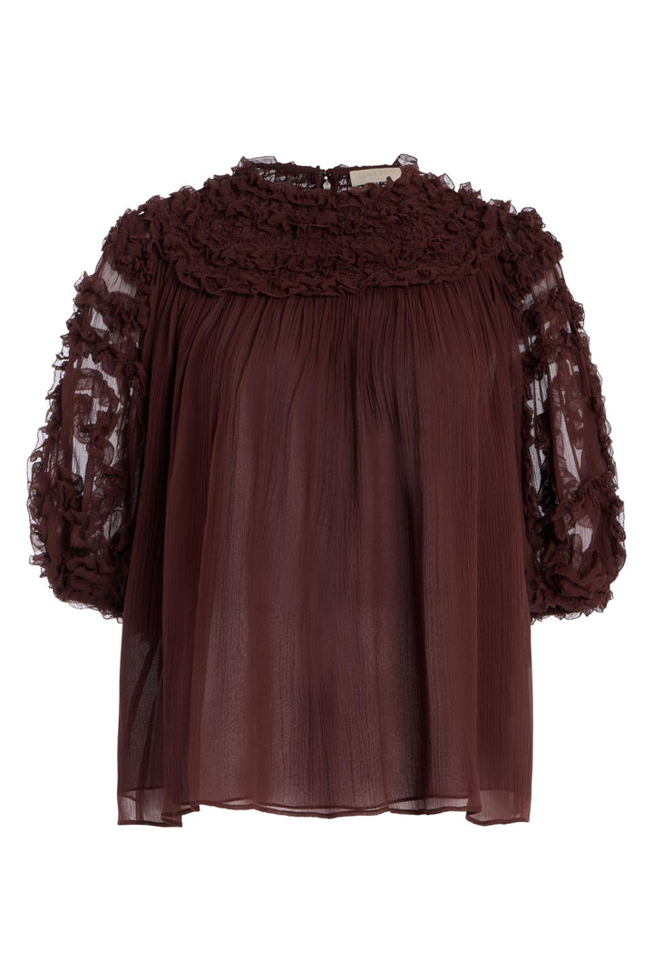 Isolda Silk Smocked Short Sleeve Blouse Mahogany