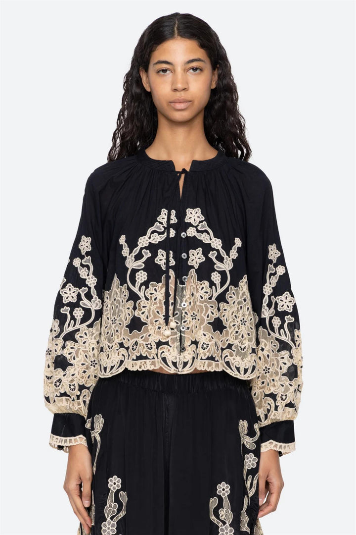 Gracelyn Lace Embroidered Longsleeve Top Black