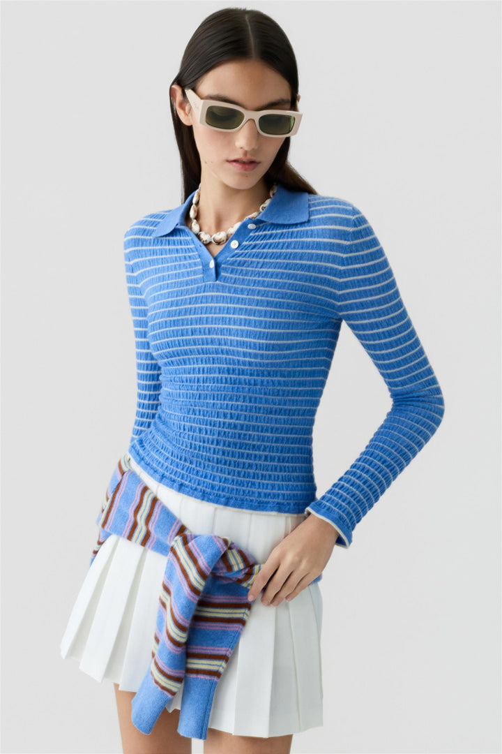 Smocked Long-Sleeved Shrunken Polo Delft Blue/Cream