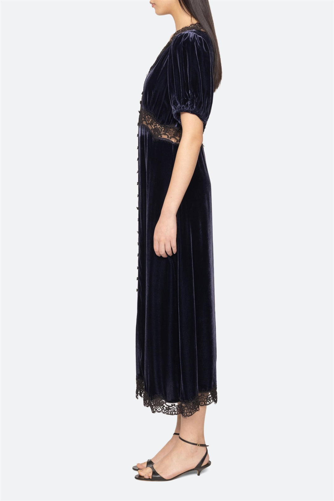 Clarice Velvet Puff Sleeve Midi Dress Navy