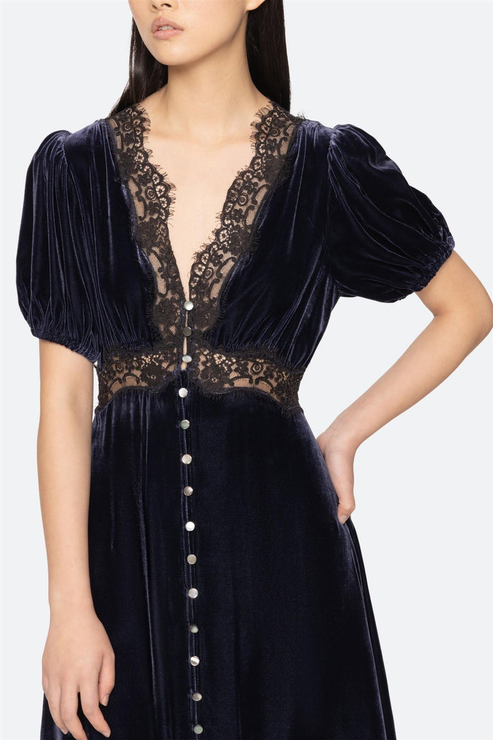 Clarice Velvet Puff Sleeve Midi Dress Navy