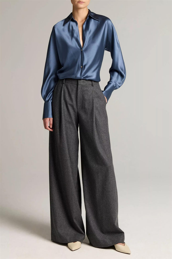 Silk Bias Long-Sleeve Blouse  Blue Slate