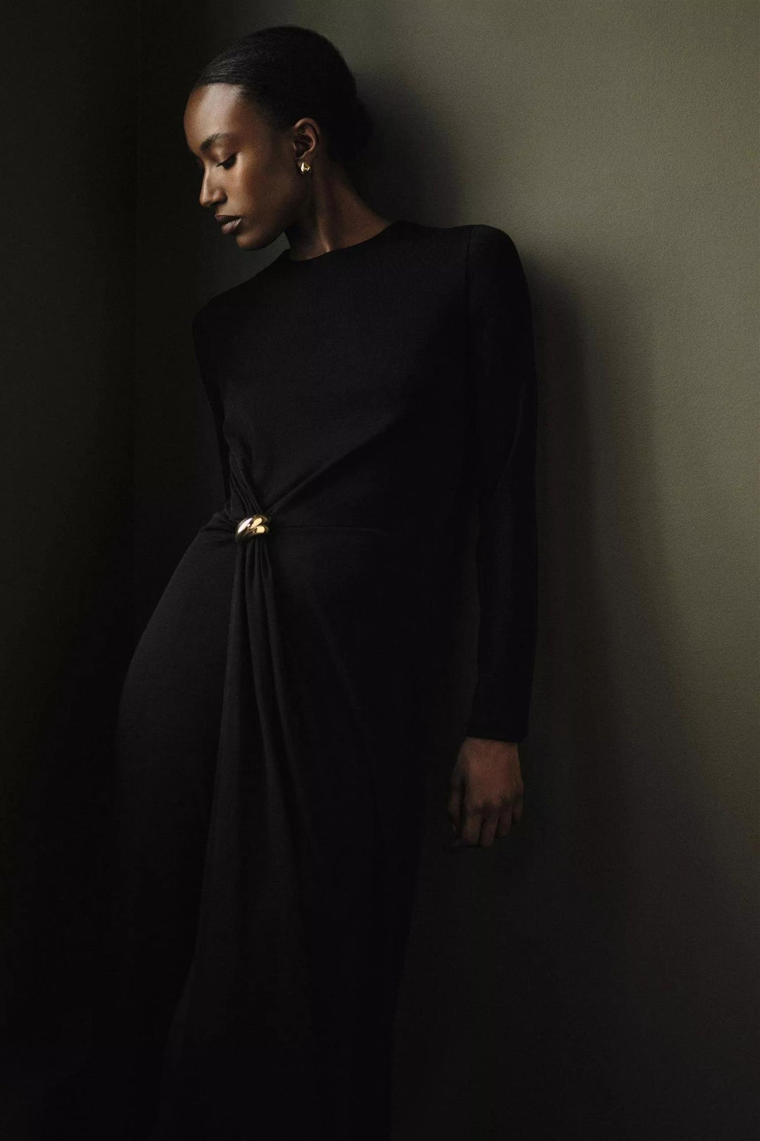Long Sleeve Side Drape Dress Black