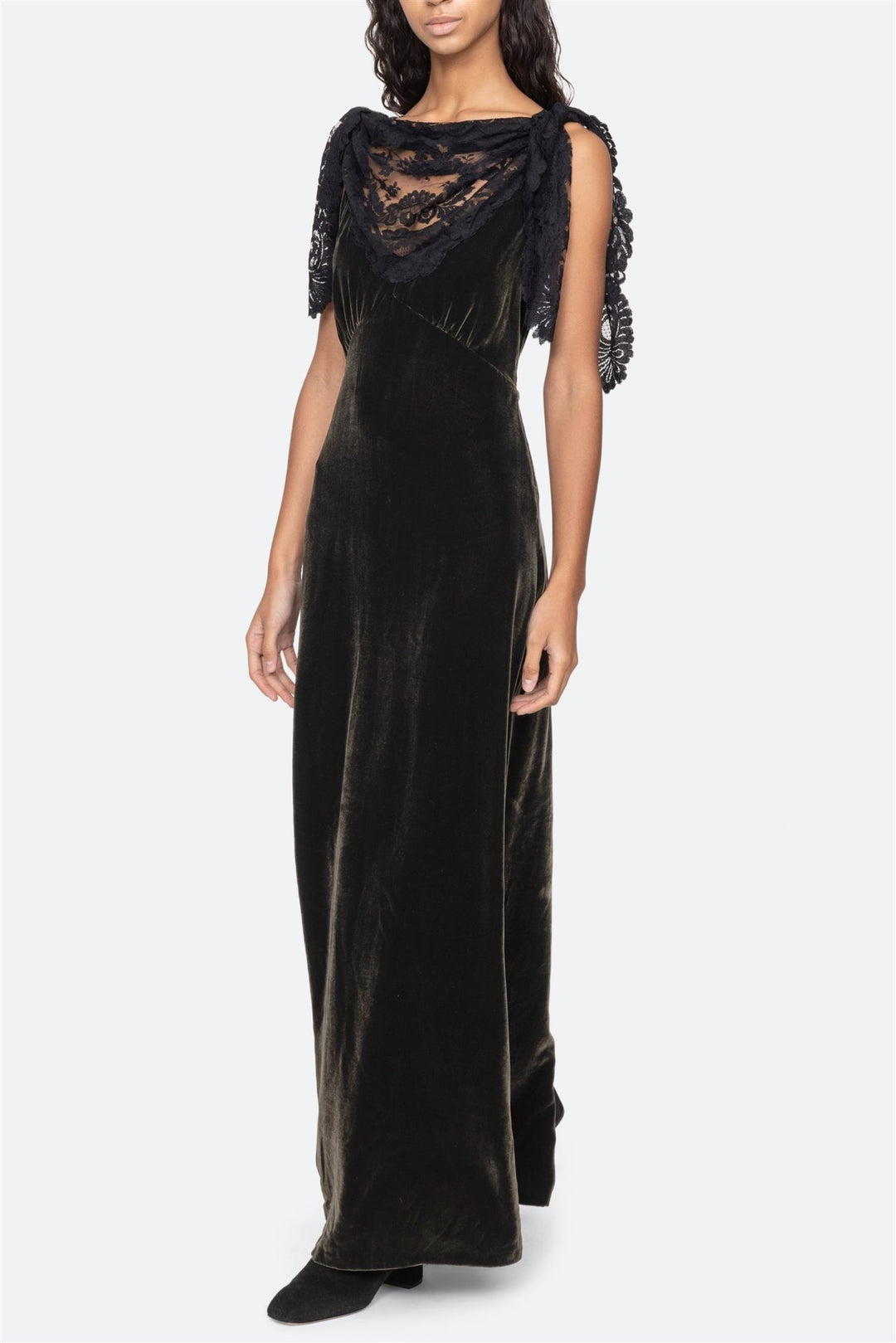 Norabelle Lace Cowl Neck Maxi Dress Olive
