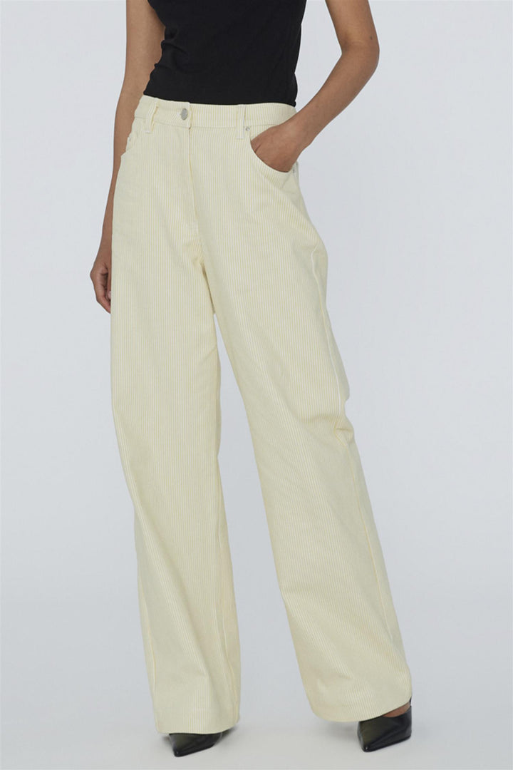 Striped Twill Wide Pants Straw Comb