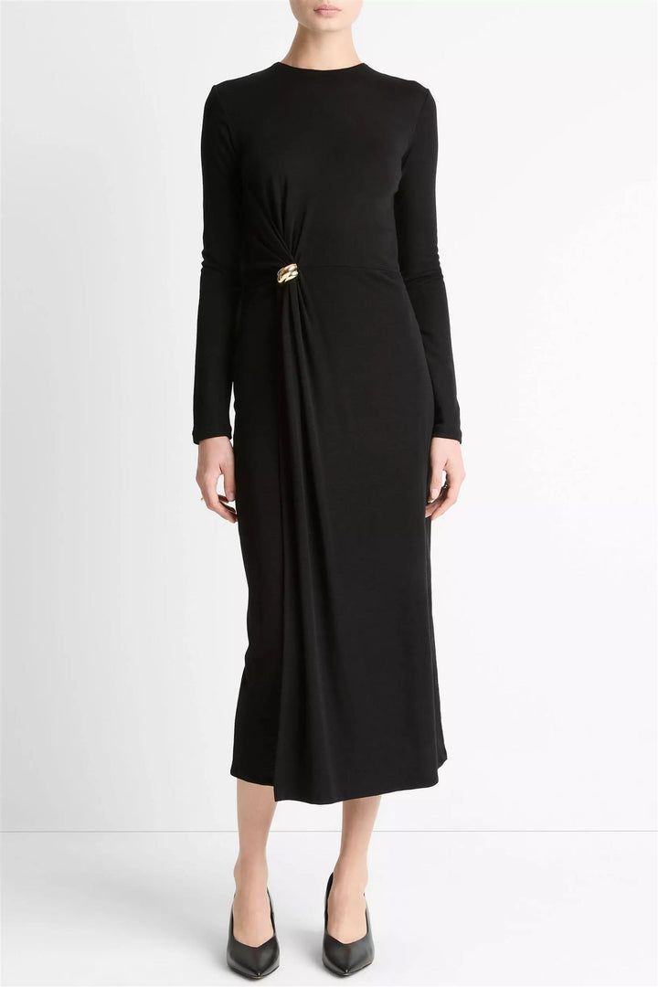Long Sleeve Side Drape Dress Black