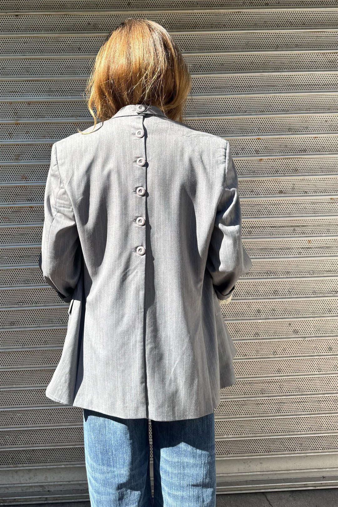 Button-Back Single Breasted  Blazer Grey Pinstripe Size 40