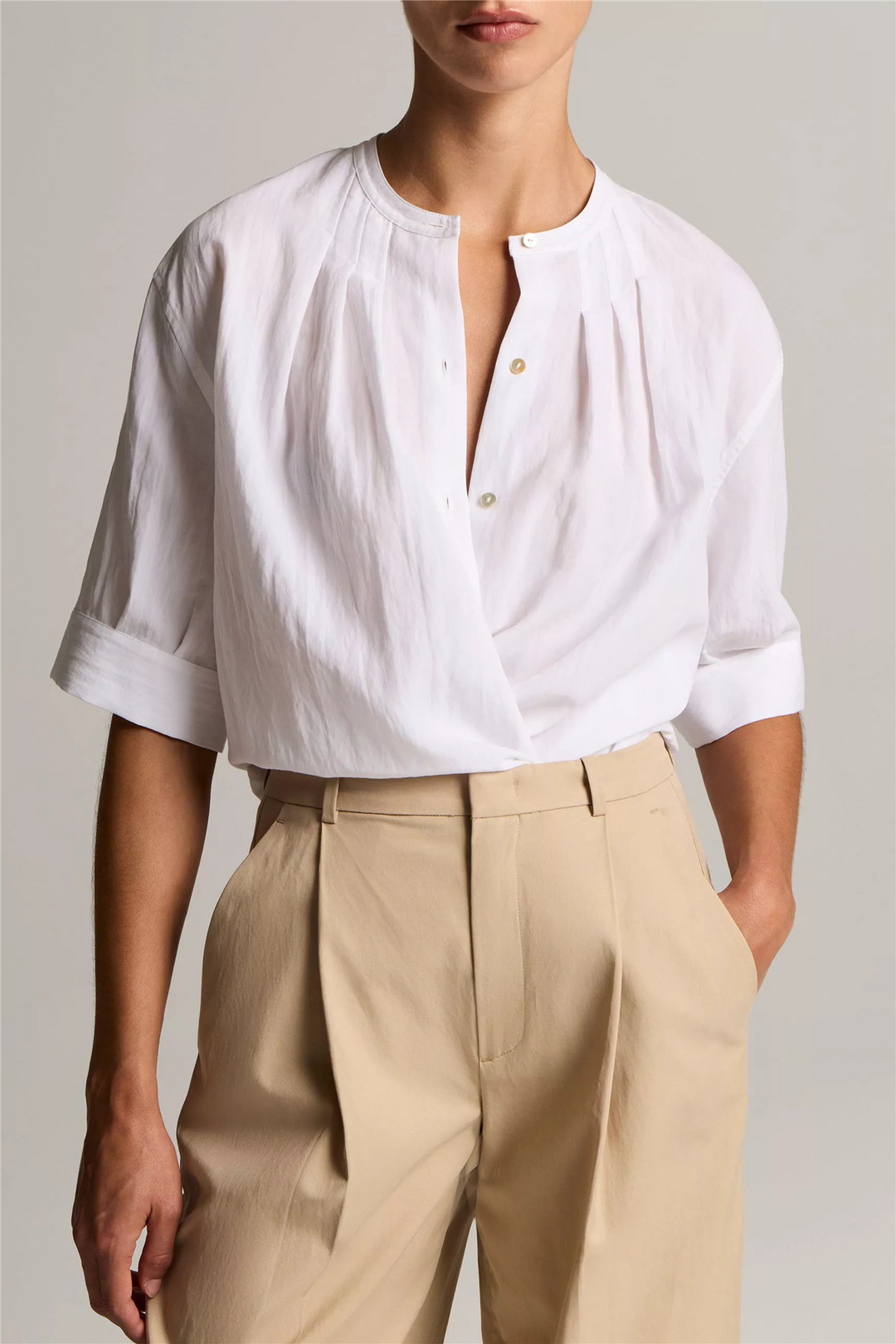 Gathered A-Line Button-Front Shirt Optic White