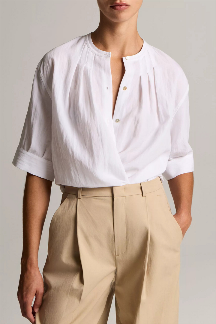 Gathered A-Line Button-Front Shirt Optic White