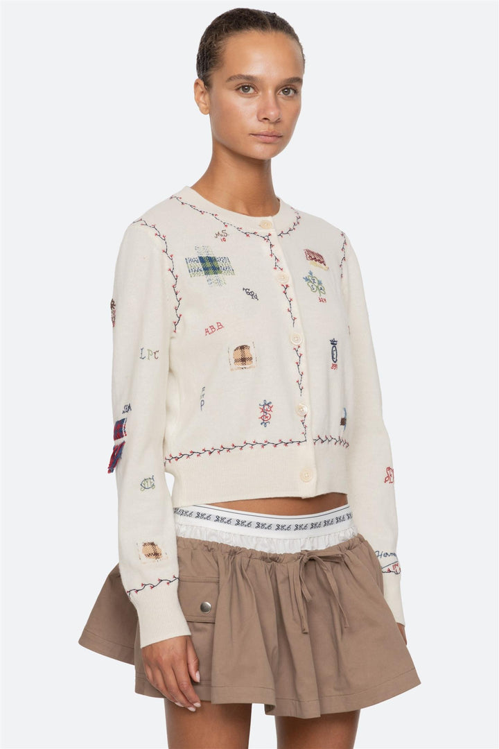 Claria Embroidered Knit Cardigan Cream