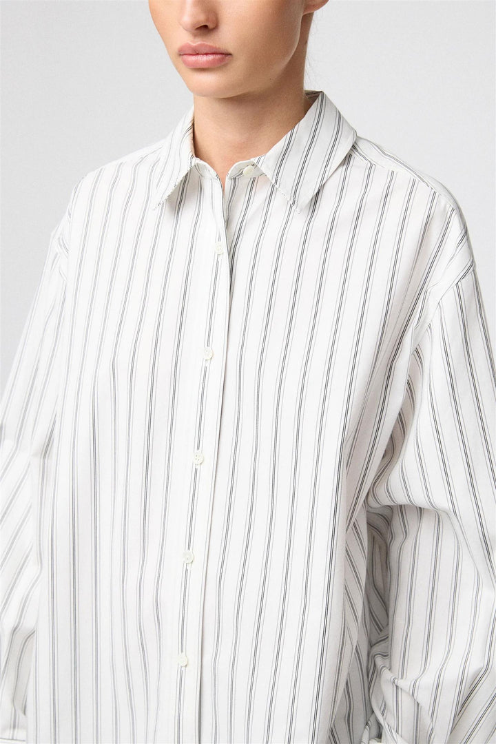 Poplin Workwear Shirt White with Black and Grey Pinstripe