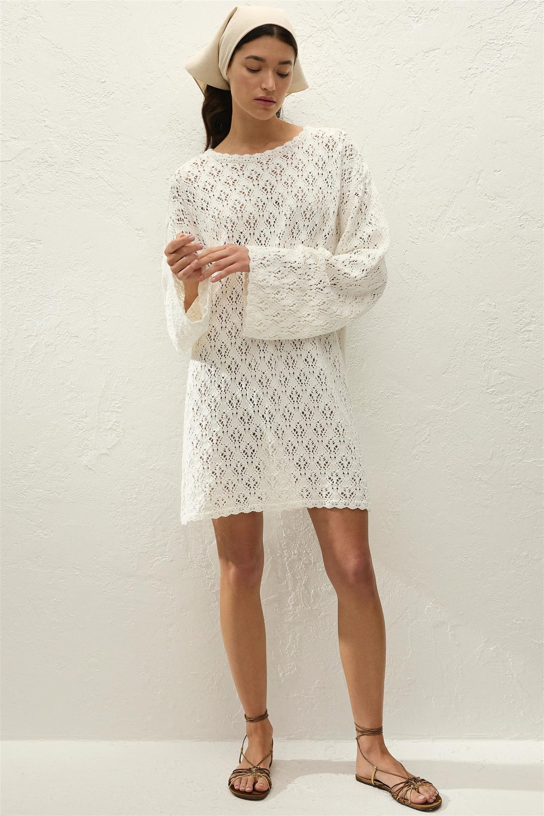 Romina Mini Dress Pointelle Knit Vintage White DenDama Romina Mini Dress Pointelle Knit Vintage White DenDama