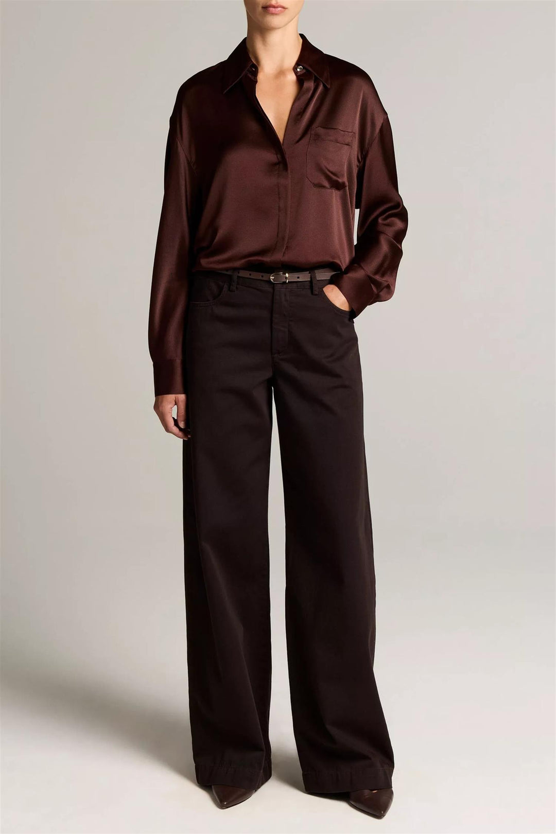 Silk Satin Dolman-Sleeve Button-Front Shirt Dark Cherrywood