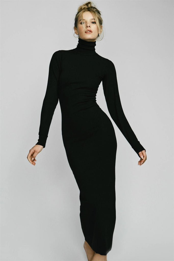 Long Sleeve Turtleneck Maxi Dress Black – DenDama