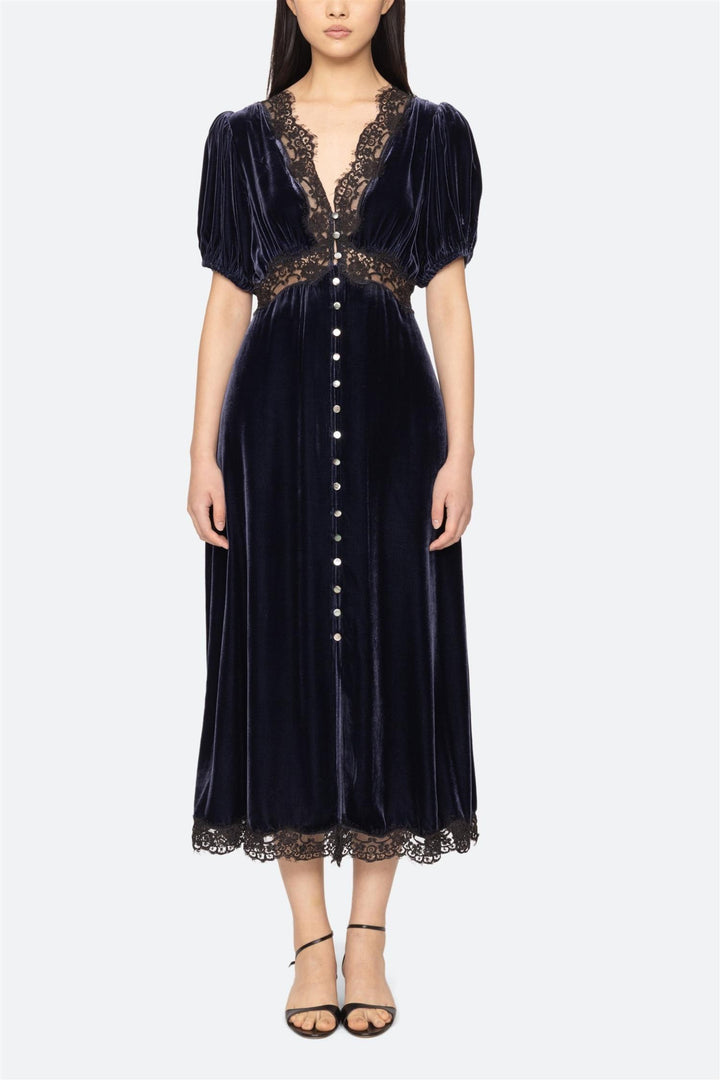 Clarice Velvet Puff Sleeve Midi Dress Navy