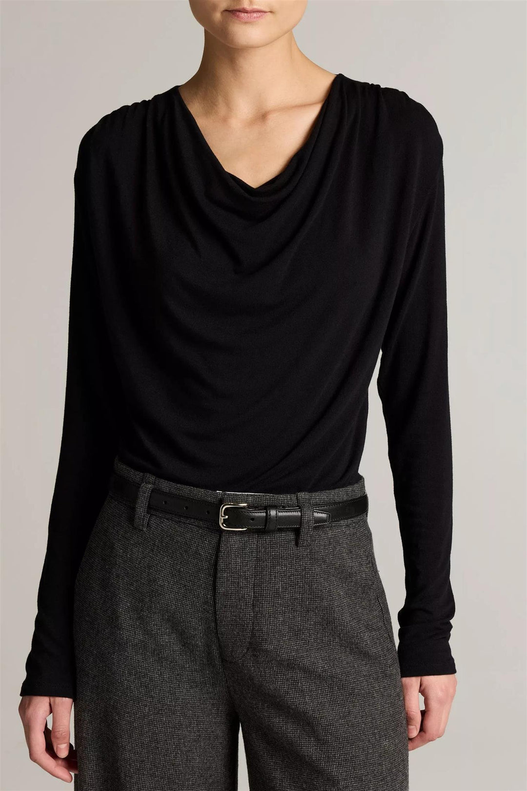 Jersey Draped Cowl-Neck Long-Sleeve Top Black