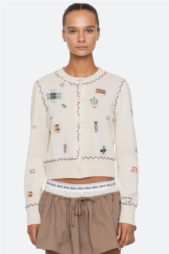 Claria Embroidered Knit Cardigan Cream
