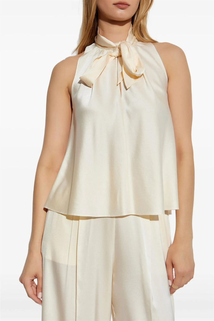 Stretch Silk Bow-Tie Top Cream