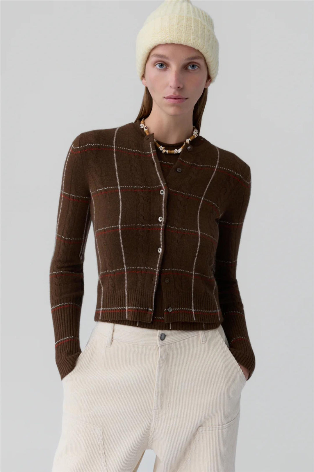 Jane Check Cardigan Chestnut Combo