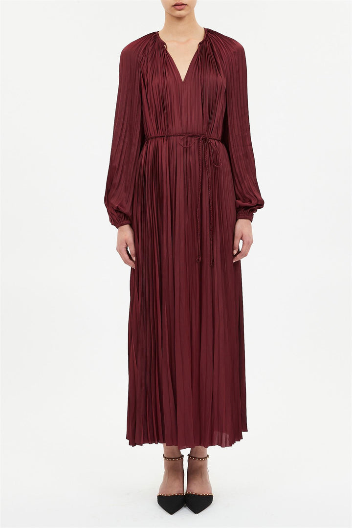 Alexia Pleated Long Sleeve Dress Claret