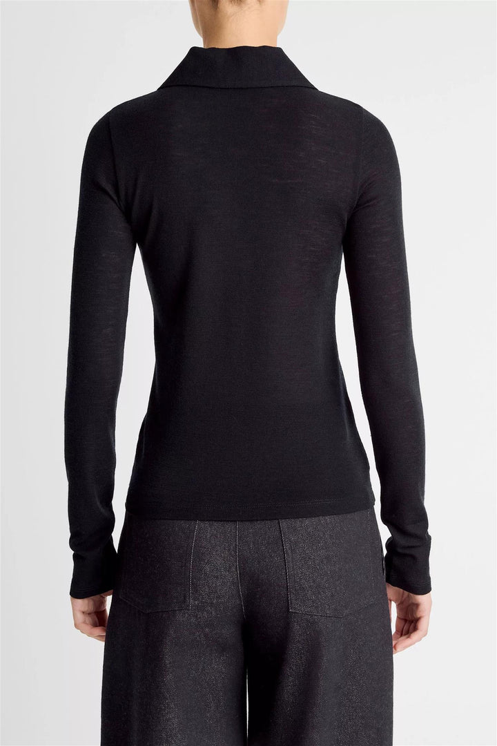 Wool Long-Sleeve Polo Top Coastal Blue