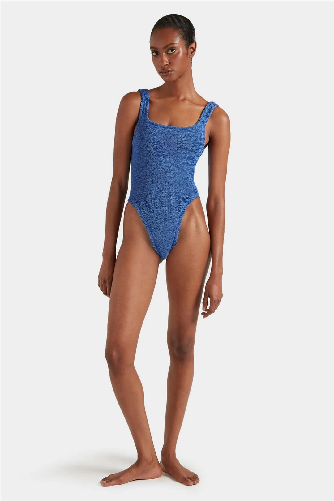 Square Neck Crinkle Swimsuit Metallic Denim