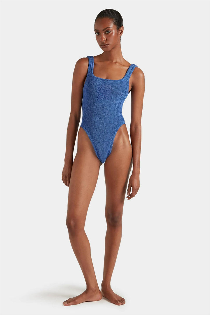 Square Neck Crinkle Swimsuit Metallic Denim