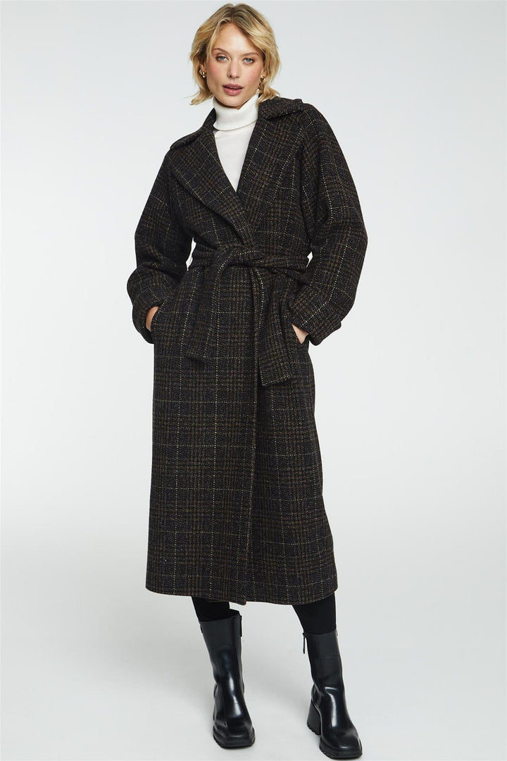 Wool Coat Long Brown Check