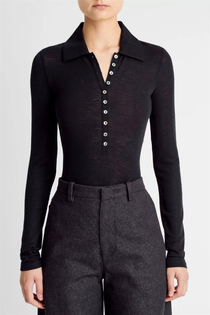 Wool Long-Sleeve Polo Top Coastal Blue