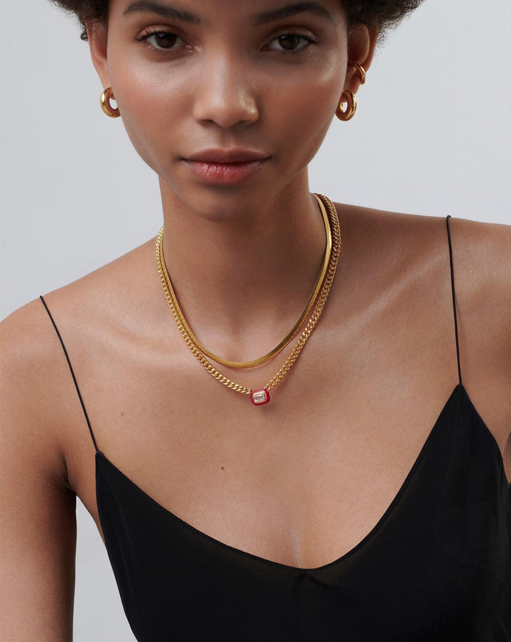 Enamel & Stone Floating Pendant Chain Necklace Neon Pink