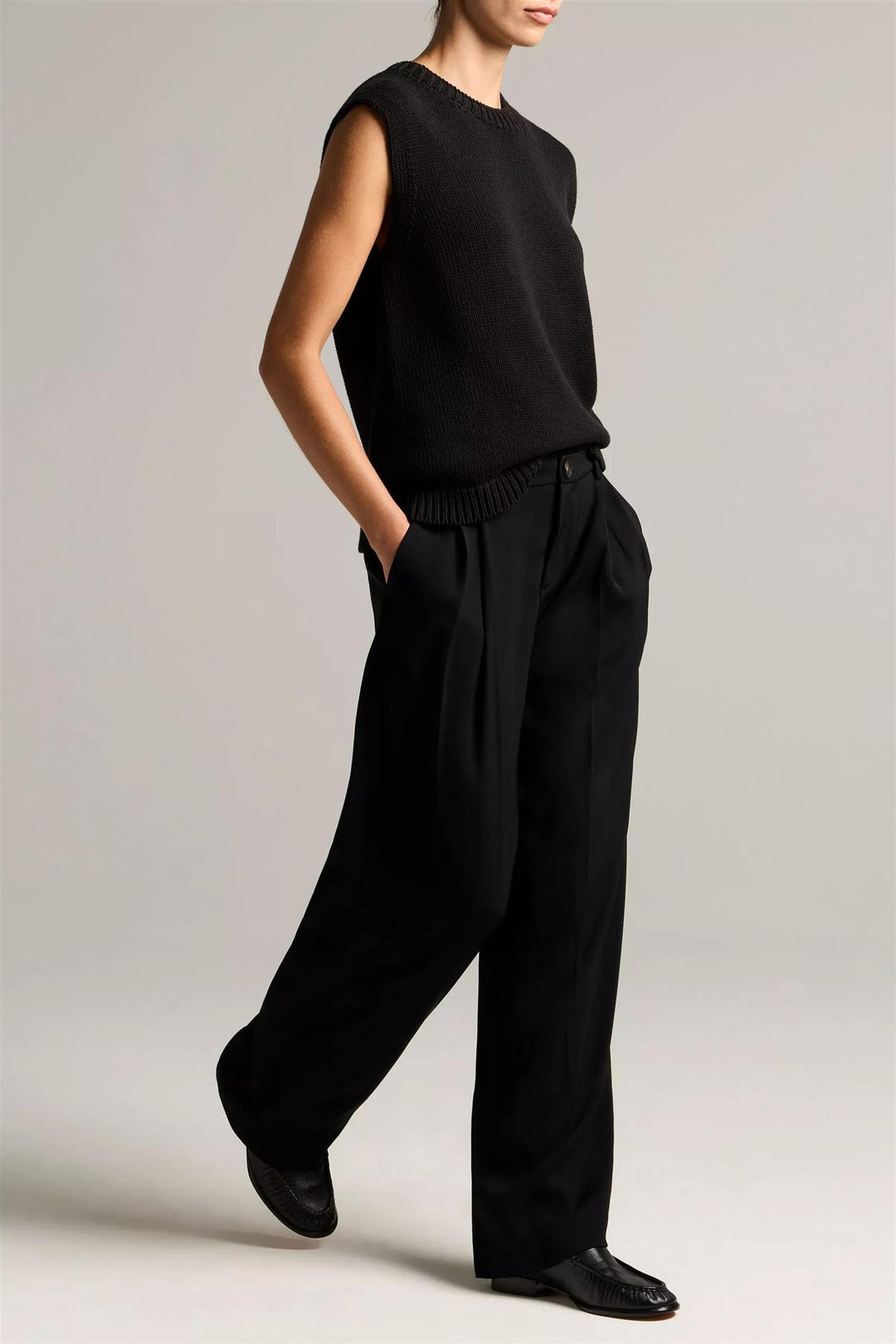 Drop Waist Pleated Crepe Trouser Black