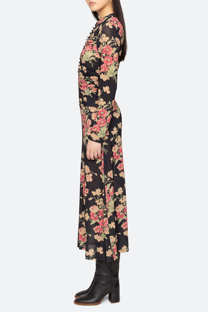 Cornelia Print Long Sleeve Midi Dress Black