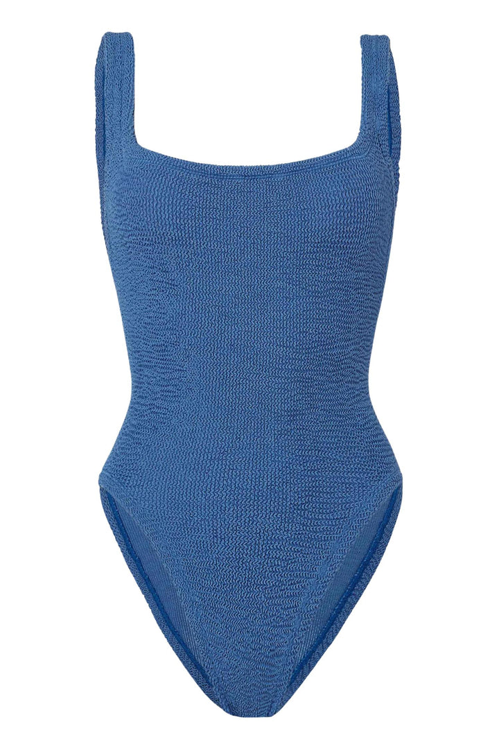Square Neck Crinkle Swimsuit Metallic Denim
