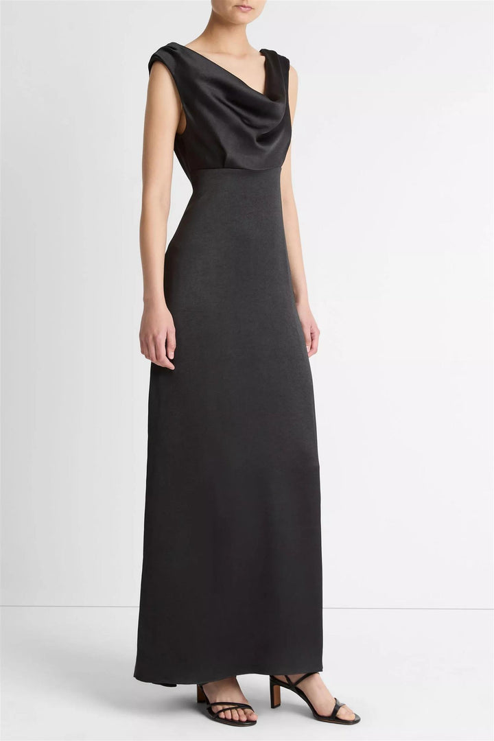 Satin Draped Cowl-Neck Maxi Dress Black