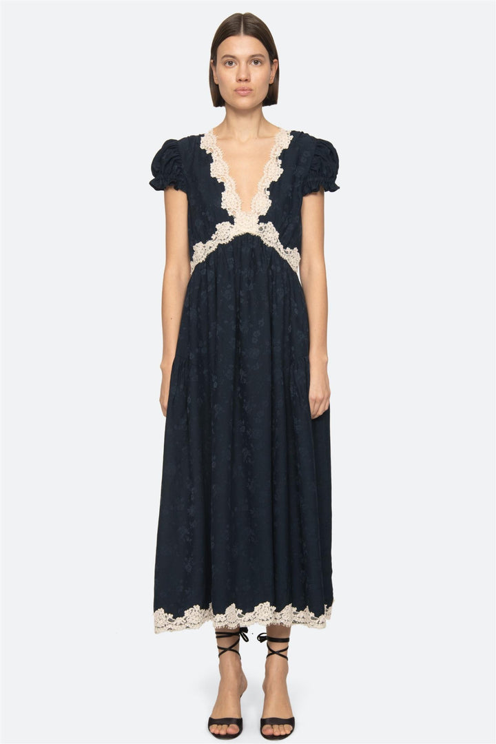 Shay Lace V-Neck Midi Dress Navy