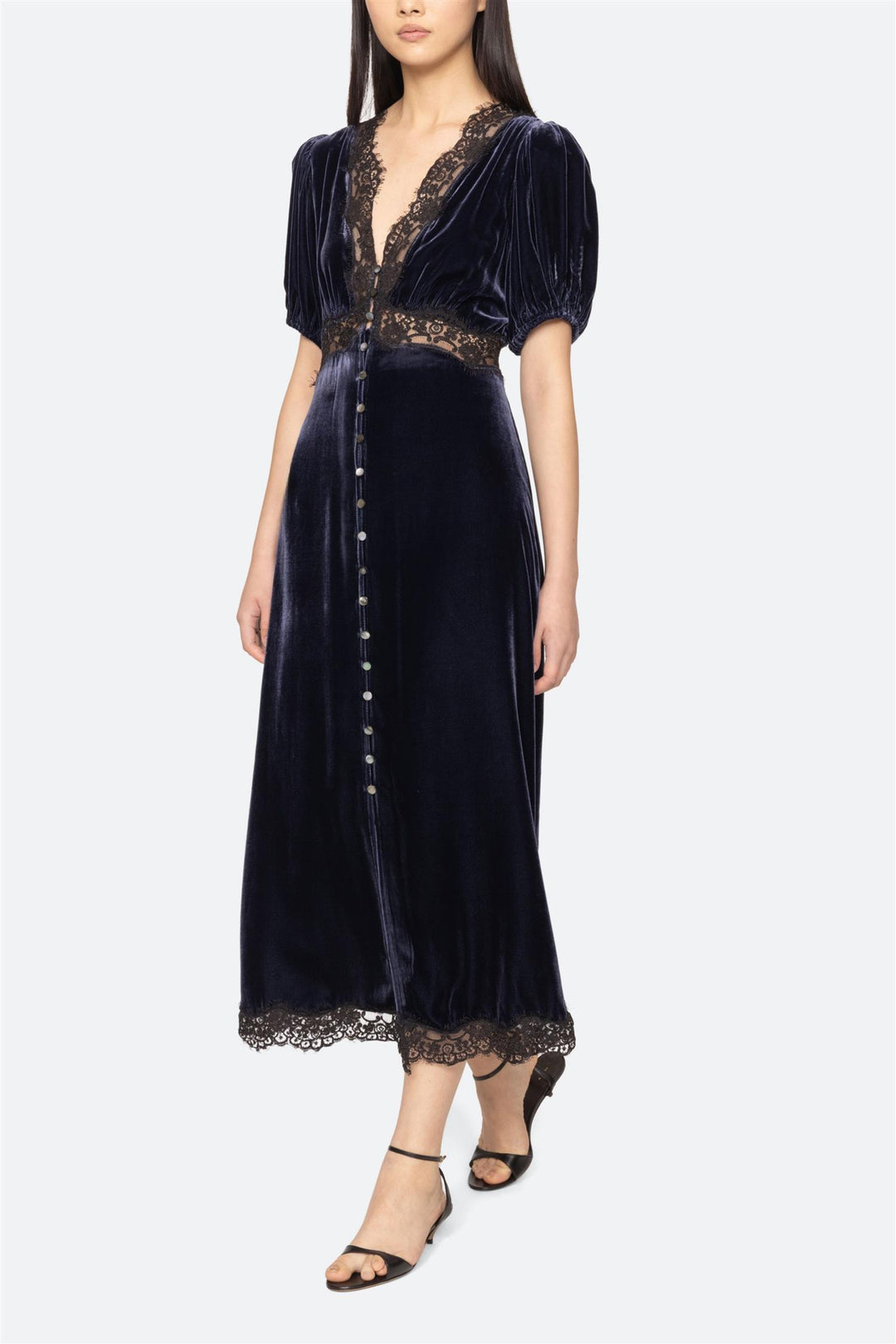 Clarice Velvet Puff Sleeve Midi Dress Navy