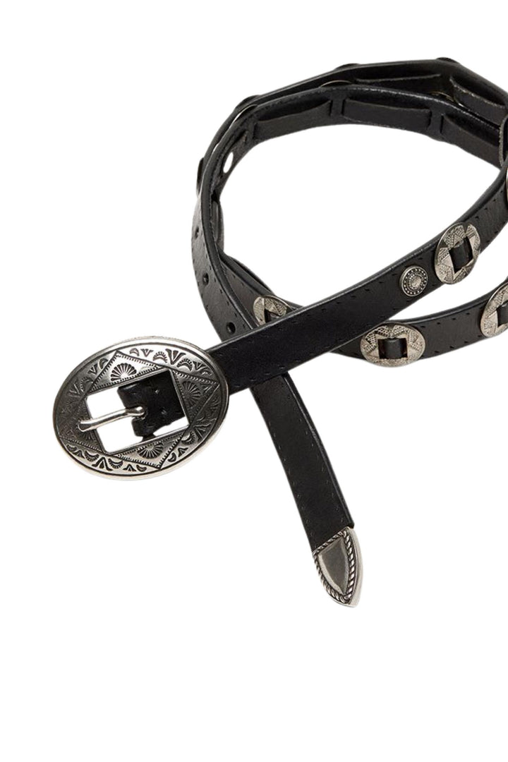 Threads Hammered Studs Belt Washed Leather Black