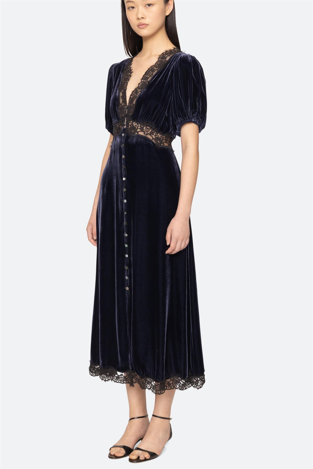 Clarice Velvet Puff Sleeve Midi Dress Navy