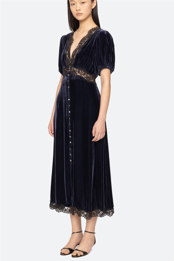 Clarice Velvet Puff Sleeve Midi Dress Navy
