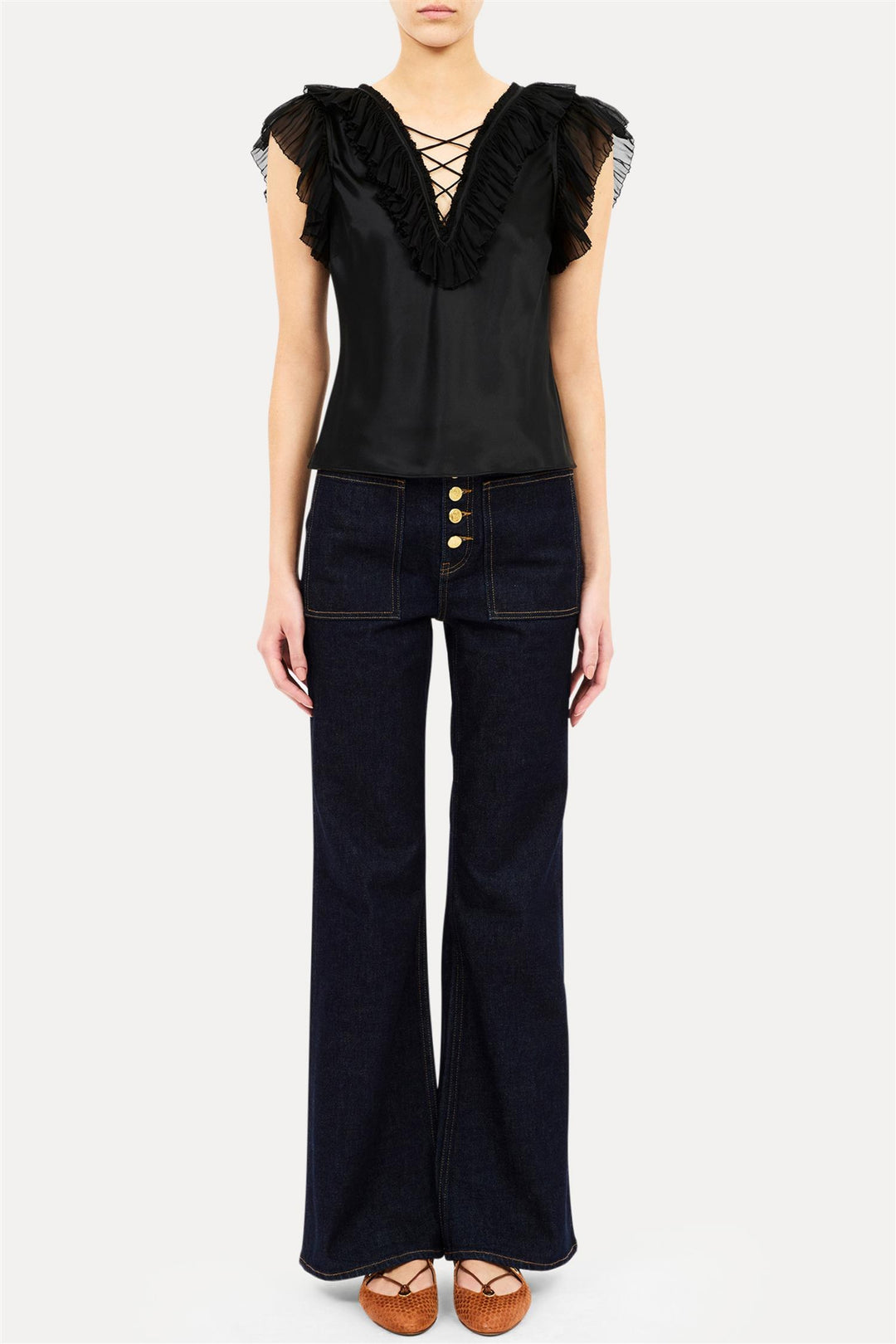 Ilyana Short Sleeve Silk Top Noir