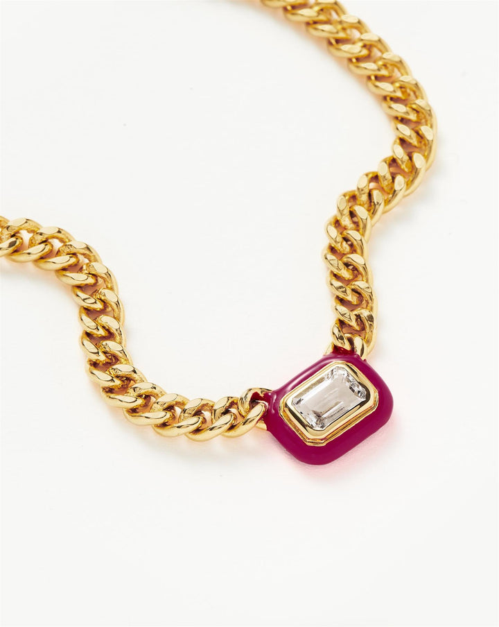 Enamel & Stone Floating Pendant Chain Necklace Neon Pink