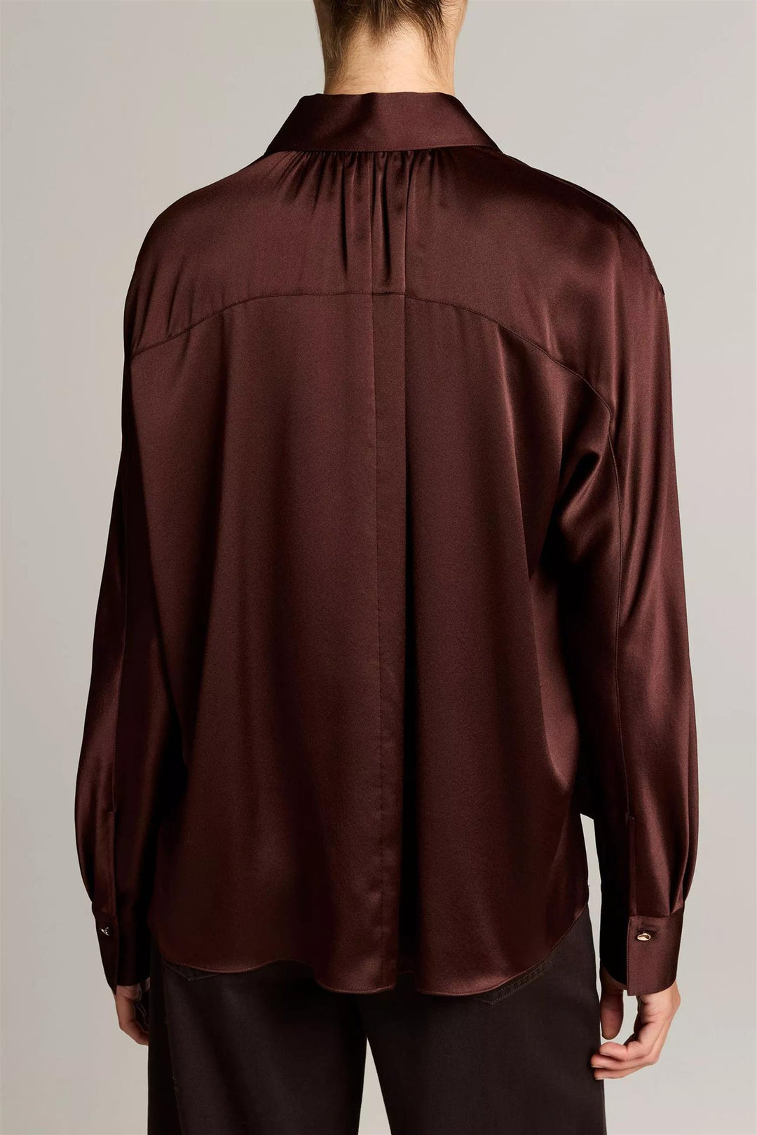Silk Satin Dolman-Sleeve Button-Front Shirt Dark Cherrywood