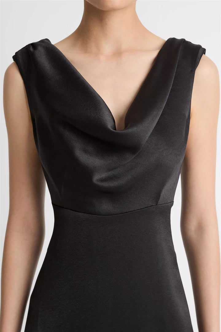 Satin Draped Cowl-Neck Maxi Dress Black