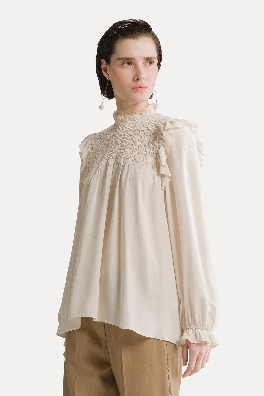 Mixed Silk Long Sleeve Blouse Avorio