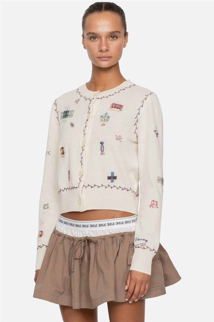 Claria Embroidered Knit Cardigan Cream