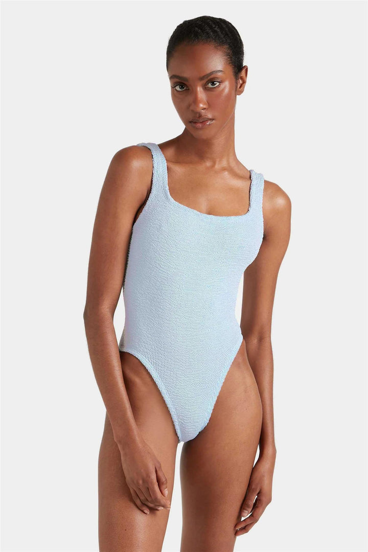 Square Neck Crinkle Swimsuit Metallic Ice Blue