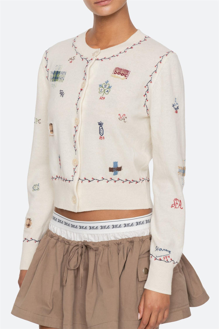 Claria Embroidered Knit Cardigan Cream